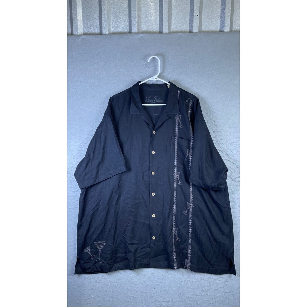 Tommy Bahama Button Up Shirt Mens XXL Black Excellent Silk Martini Embroidered